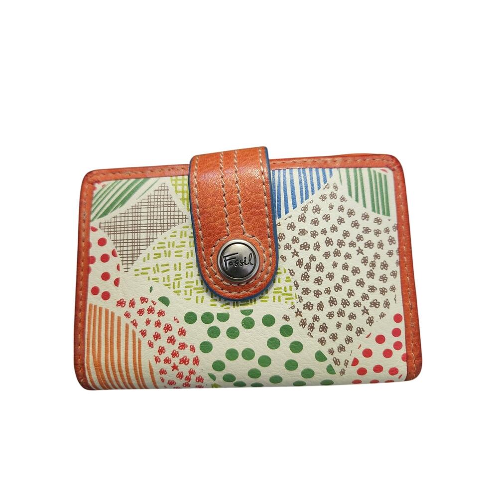 Fossil Patchwork Print Wallet Leather Trim Multicolor Snap Closure